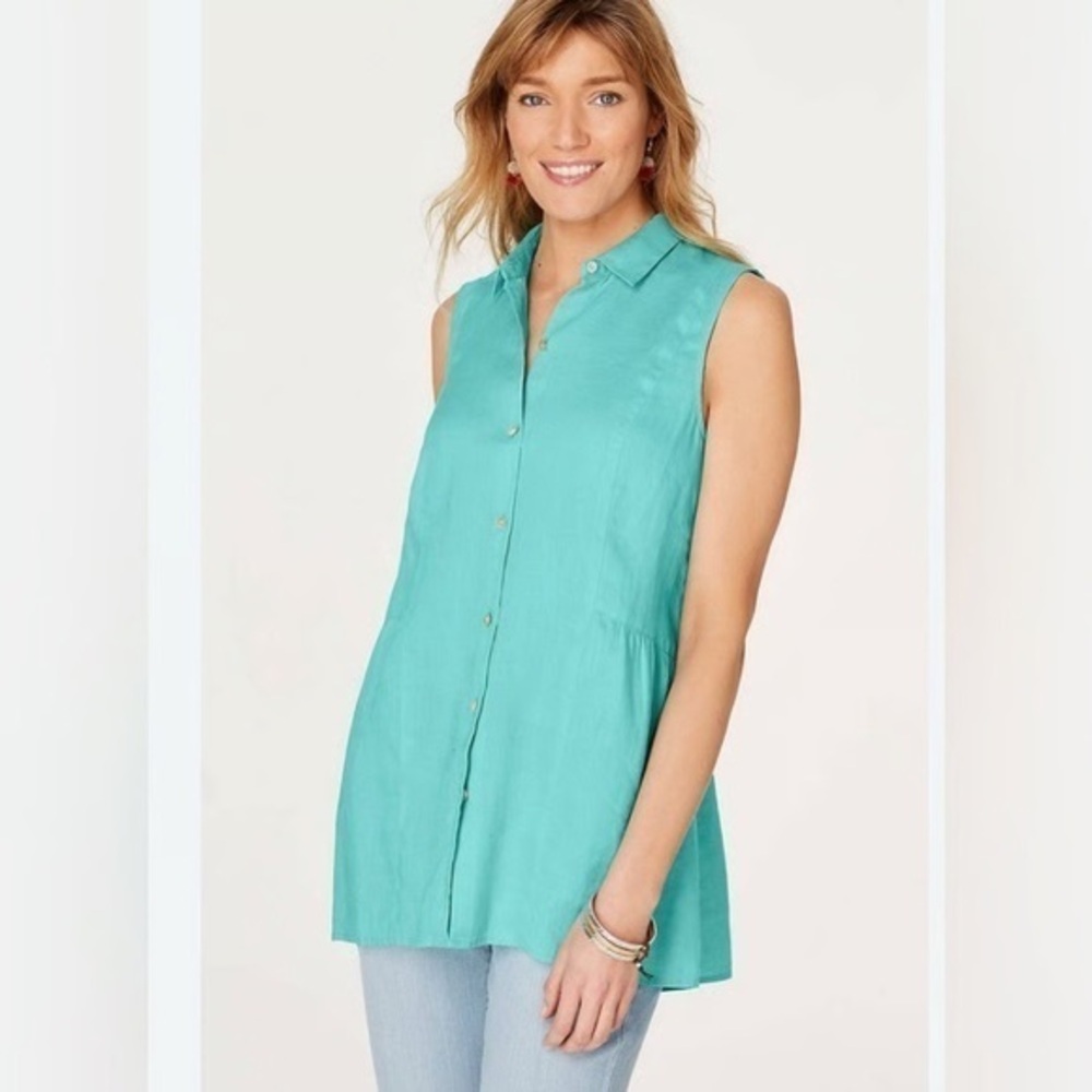 J. Jill Love Linen 100% Linen Teal Lagenlook Button Down Shirt XL